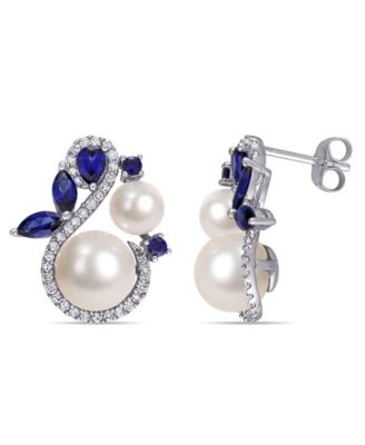 Macy's - Freshwater Cultured Pearl, Lab Grown Sapphire (1 1/10 ct. t.w.) and Diamond (1/3 ct. t.w.) Swan Earrings in 10k White Gold