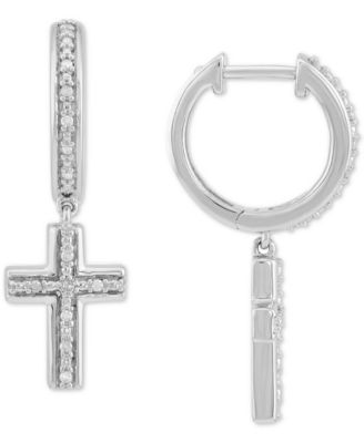 Macy's - Diamond Cross Dangle Hoop Earrings (1/10 ct. t.w.) in Sterling Silver