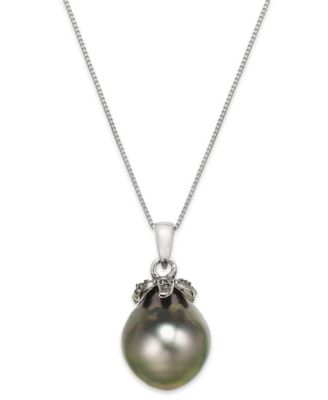 Macy's - Tahitian Pearl (12mm) and Black Diamond Accent Pendant Necklace in 14k White Gold