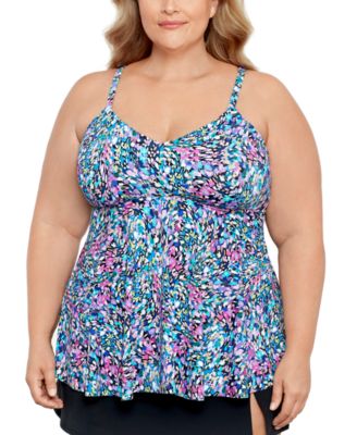 Swim Solutions - Plus Size Printed V-Neck Underwire Tankini Top