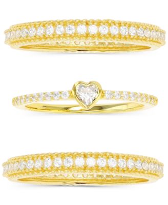 Macy's - 3-Pc. Set Cubic Zirconia Heart Motif Stack Rings in 14k Gold-Plated Sterling Silver