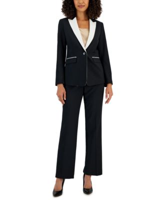 Le Suit - Women's Crepe Contrast-Collar Jacket & Kate Straight-Leg Pants