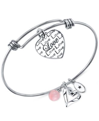 Unwritten - Love Charm and Rose Quartz (8mm) Bangle Bracelet in Stainless Steel