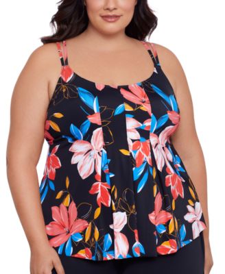 Swim Solutions - Plus Size Floral-Print Pleated Tankini Top, Created for Macy's