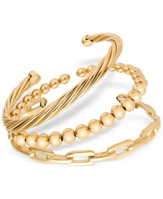 Macy's - 3-Pc. Set Beaded, Torchon & Paperclip Cuff Bangle Bracelets in 14k Gold-Plated Sterling Silver