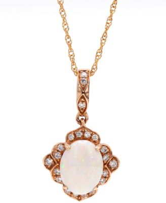 Macy's - Opal (3/4 ct. t.w.) & Diamond (1/10 ct. t.w.) Halo 18" Pendant Necklace in 10k Rose Gold