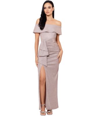 XSCAPE - Plus Size Off-The-Shoulder Glitter Gown