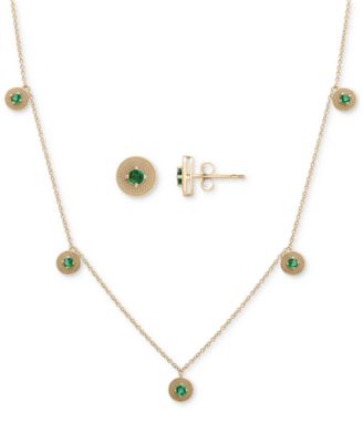 Macy's - 2-Pc. Set Lab-Grown Emerald Beaded Dangle Collar Necklace & Matching Stud Earrings (1/2 ct. t.w.) in 14k Gold-Plated Sterling Silver