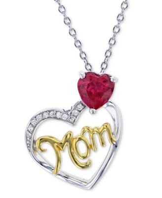 Macy's - Lab Grown Ruby (7/8 ct. t.w.) & Lab Grown White Sapphire (1/20 ct. t.w.) Mom Heart 18" Pendant Necklace in Sterling Silver & 14k Gold-Plate