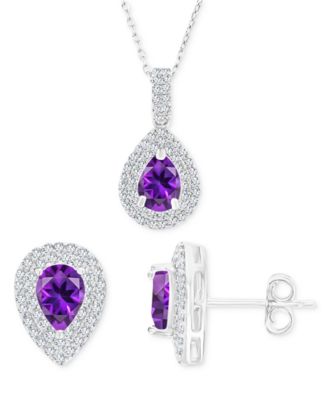 Macy's - 2-Pc. Set Amethyst (1-7/8 ct. t.w.) & Lab-Grown White Sapphire (1 ct. t.w.) Teardrop Halo Pendant Necklace & Matching Stud Earrings in Sterling Silver
