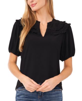 CeCe - Women's Solid Ruffled-Yoke Split-Neck Knit Top