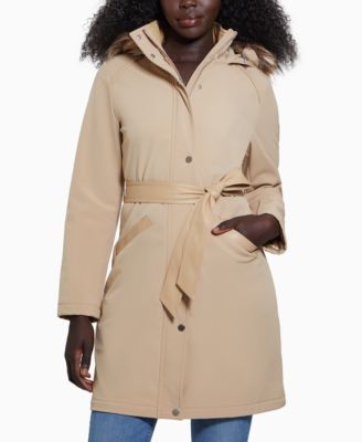GUESS - Women's Faux-Fur-Trim Hooded Belted Raincoat