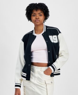 Hippie Rose - Juniors' Faux-Leather-Sleeve Snap-Front Varsity Bomber Jacket