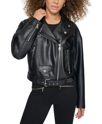 KARL LAGERFELD PARIS - Women's Faux-Leather Asymmetric Cropped Moto Coat