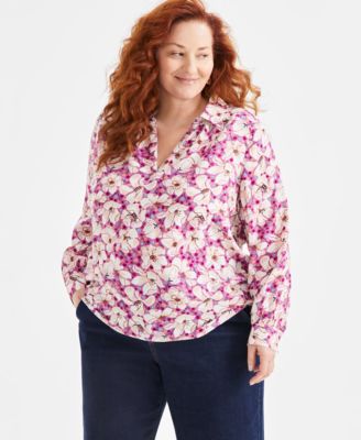 Style & Co - Plus Size Johnny-Collar Long-Sleeve Top