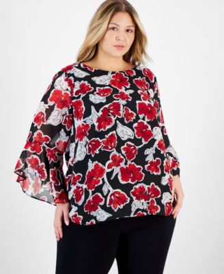 Kasper - Plus Size Floral-Print Ruffle-Sleeve Blouse