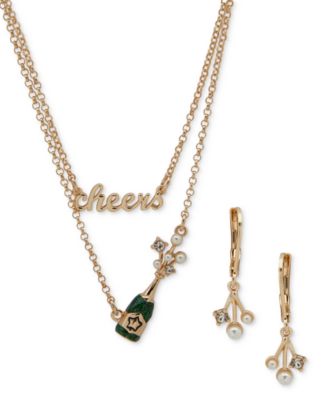 Anne Klein - Gold-Tone Mixed Stone Cheers-Motif Layered Pendant Necklace & Drop Earrings Set