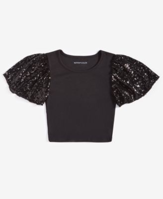 With Jules - Big Girls Ribbed Sequin Flutter-Sleeve Top