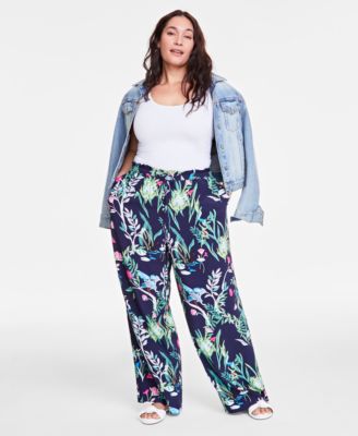 On 34th - Trendy Plus Swan-Print Wide-Leg Pull-On Pants