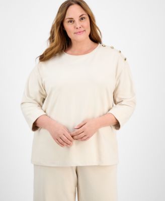 Anne Klein - Plus Size French Terry 2/3-Sleeve Button-Shoulder Top