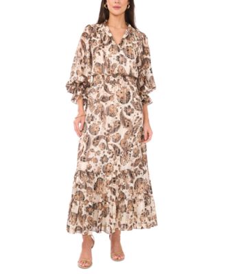 Vince Camuto - Women's Split-Neck Long-Sleeve Maxi Dress