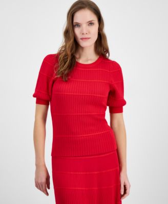 T Tahari - Women's Crewneck Elbow-Sleeve Rib-Knit Blouse