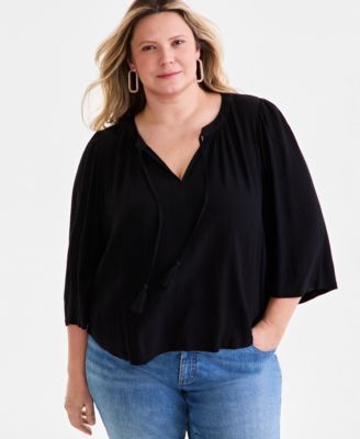 Style & Co - Plus Size Split-Neck Tasseled-Tie Top