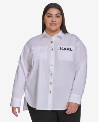 KARL LAGERFELD PARIS - Plus Size Cotton Poplin Motif Button-Up Shirt