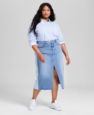 And Now This - Plus Size Two-Toned Slit-Front Denim Skirt