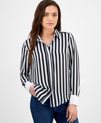 I.N.C. International Concepts - Petite Striped Contrast-Cuff Shirt