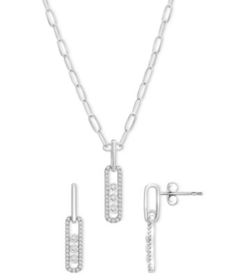Macy's - 2-Pc. Set Diamond Oval Pendant Necklace & Matching Drop Earrings (1/2 ct. t.w.) in Sterling Silver