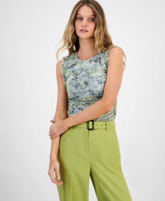 Bar III - Women's Printed Ruffle-Trim Mesh Sleeveless Top