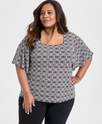 JM Collection - Women's Printed Square-Neck Short-Sleeve Top