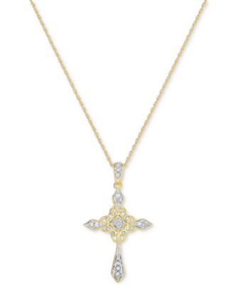 Macy's - Diamond Ornate Cross 18" Pendant Necklace (1/4 ct. t.w.) in Gold-Plated Sterling Silver