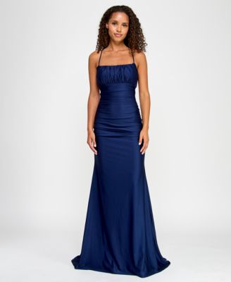 B Darlin - Juniors' Square-Neck Ruched Strappy Sleeveless Gown