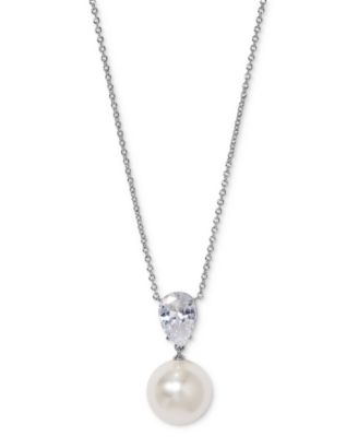 Eliot Danori - Silver-Tone Pear-Cut Cubic Zirconia & Imitation Pearl Pendant Necklace, 16" + 2" extender