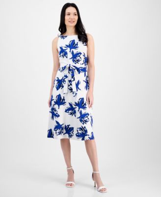 Anne Klein - Women's Floral-Print Tie-Waist Sleeveless Dress