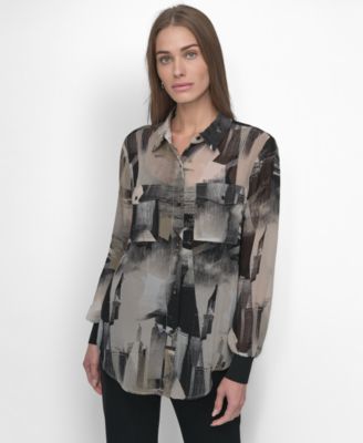 DKNY - Women's Button-Front Printed Chiffon Blouse