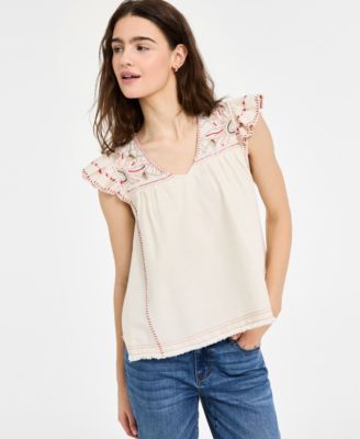 Liverpool Los Angeles - Women's Flutter-Sleeve V-Neck Embroidered Blouse