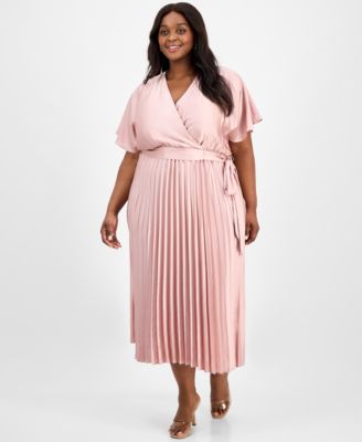 Sandra Darren - Plus Size Pleated Tie-Waist Flutter-Sleeve Dress