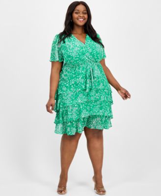 Sandra Darren - Plus Size Printed Chiffon Tie-Waist Flutter-Sleeve Dress