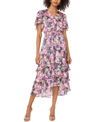 Vince Camuto - Women's Floral-Print Tiered Flutter-Sleeve Dress