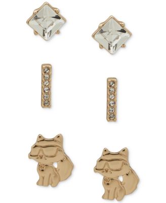 KARL LAGERFELD PARIS - Gold-Tone 3-Pc. Set Crystal & Choupette Stud Earrings
