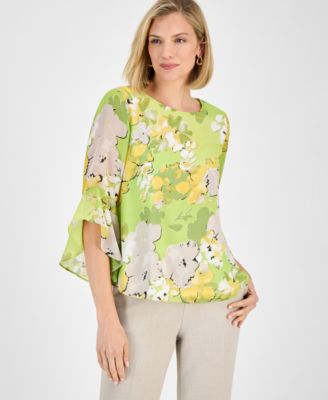 Kasper - Women's Printed Ruffled Bell-Sleeve Top