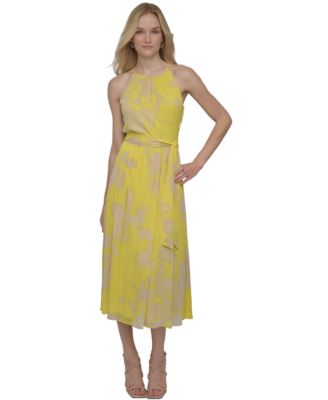 DKNY - Women's Printed Chiffon Halter Belted Midi Dress