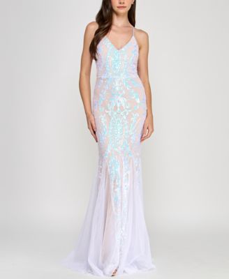 Crystal Doll - Juniors' Lace-Up-Back Sequin Mesh Gown