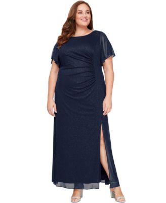 SL Fashions - Plus Size Flutter-Sleeve Side-Ruched Glitter Gown