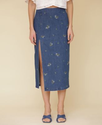 Avec Les Filles - Women's Embroidered Denim Midi Skirt