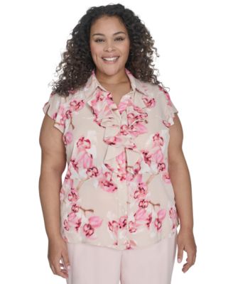 Calvin Klein - Plus Size Floral Ruffle-Front Blouse