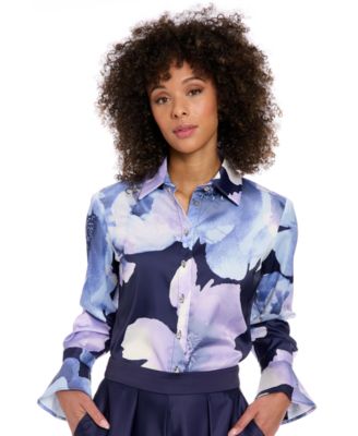 Muse - Women's Floral Satin Collared Button-Front Blouse